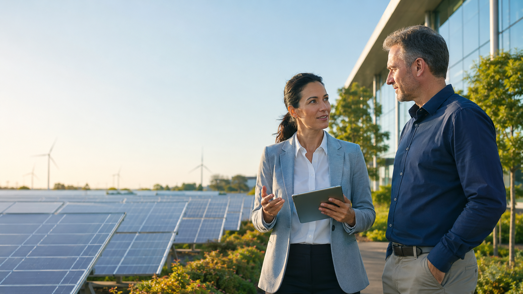 Sustainability professionals beside solar panels and wind turbines
