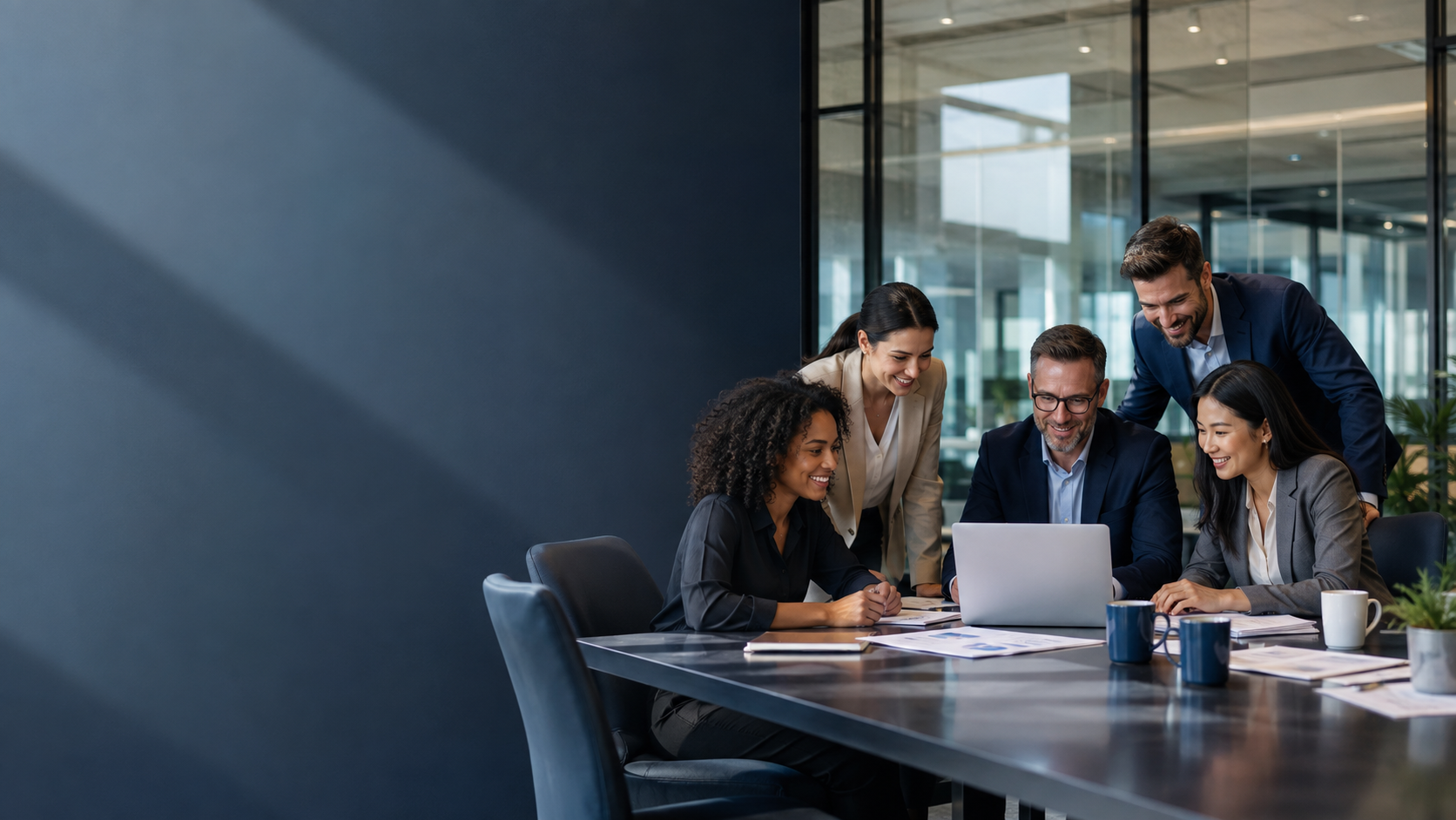 Diverse team reviewing a project together
