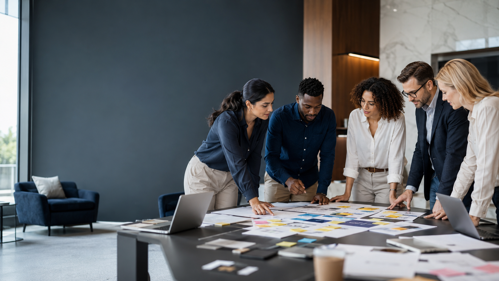 Team collaborating around a strategy table
