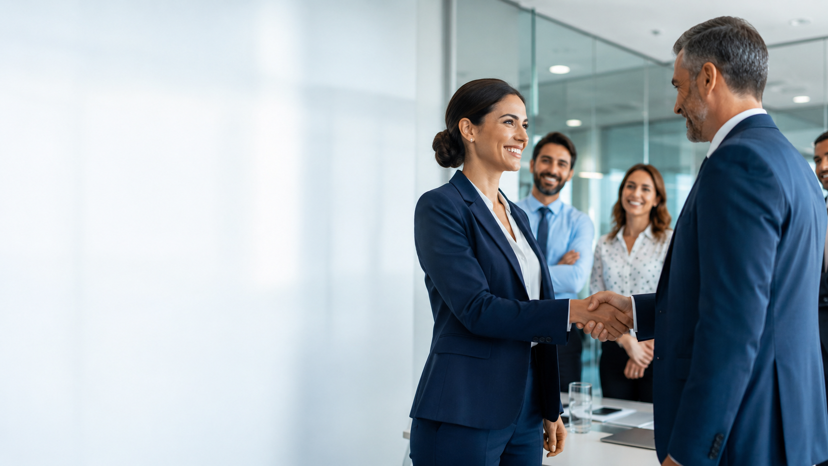 Consultants and client team shaking hands